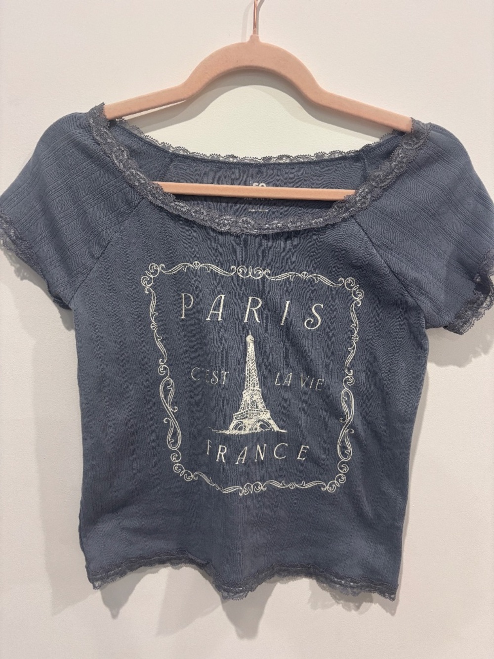 Paris Eiffel Tower Baby Tee Girls 14/16 Slate Blue Ribbed Lace Trim Y2K Graphic